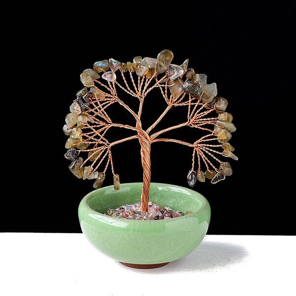 Natural Labradorite  Chips Tree of Life Decorations with Bowl Base