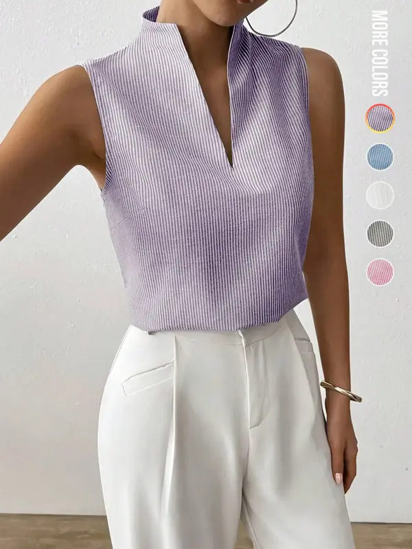 Women's Striped Print Curved Hem Tank Top, Casual Sleeveless Top for Work Office Business, Ladies Clothes for Summer, Womensw...