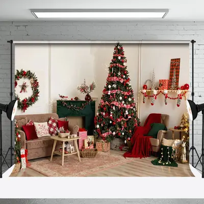 Aperturee Festive Christmas Log Style Dining Room Backdrop - Aperturee