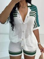 Women's Striped Design Sweater & Shorts Two-piece Set, Casual Loose Crochet Short Sleeve Top & Shorts, Ladies Summer Outfits,...