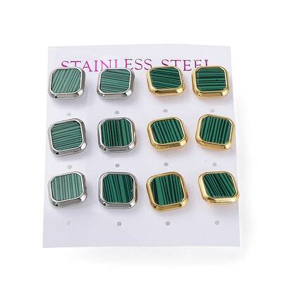 6 Pair 2 Color Square Synthetic Malachite Stud Earrings