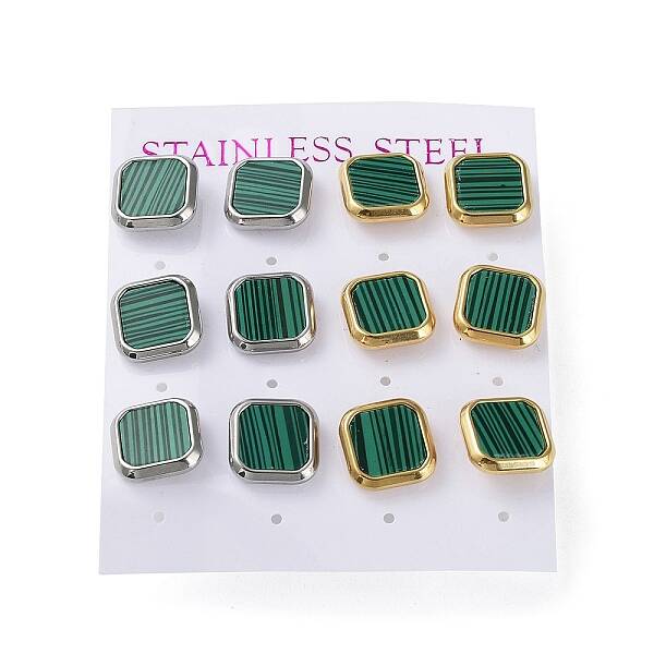 6 Pair 2 Color Square Synthetic Malachite Stud Earrings