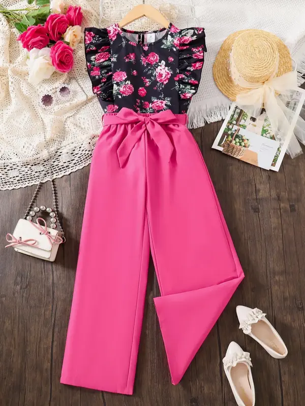 Girl's Floral Print Top & Pants Two-piece Set, Casual Fashion Cozy Outfits for Daily Outdoor Wear, Girl's Clothing for Summer...