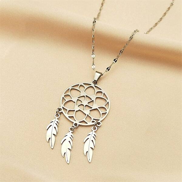 Non-Tarnish Woven Net/Web with Feather 304 Stainless Steel Boho Pendant Necklaces for Women