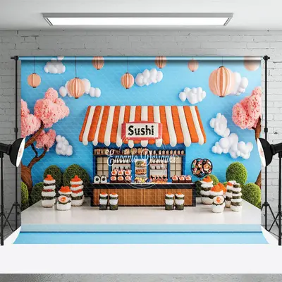 Aperturee Blue Sky Clouds Trees Sushi Store Cake Smash Backdrop, 3X2FT(1MX0.6M), 14 USD, birthday cake smash backdrops, ENHD2...