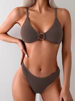 Two-Piece Set Women's Plain Textured Bikini Set, Casual Ring Linked Adjustable Strap Triangle Swim Bra & High Cut Swim Botto...