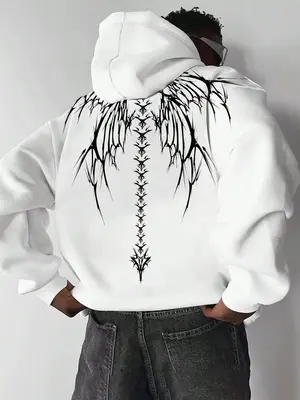 Men's Wings Skeleton Print Drop Shoulder Hoodie, Fashion Casual Regular Fit Drawstring Pocket Hooded Sweatshirt for Daily Hol...