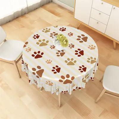 Brown Cute Amimal Paw Yellow Stripe Round Tablecloth - Aperturee