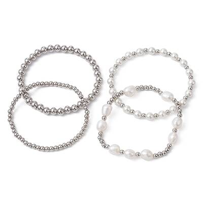4Pcs 4 Style Natural Pearl & Brass Beaded Stretch Bracelets Set for Women