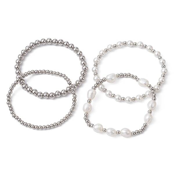 4Pcs 4 Style Natural Pearl & Brass Beaded Stretch Bracelets Set for Women