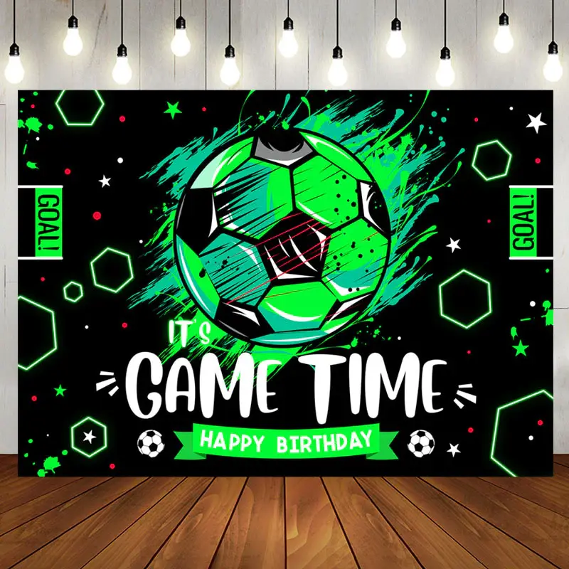 Its Game Time Football Black Green Birthday Backdrop - Aperturee