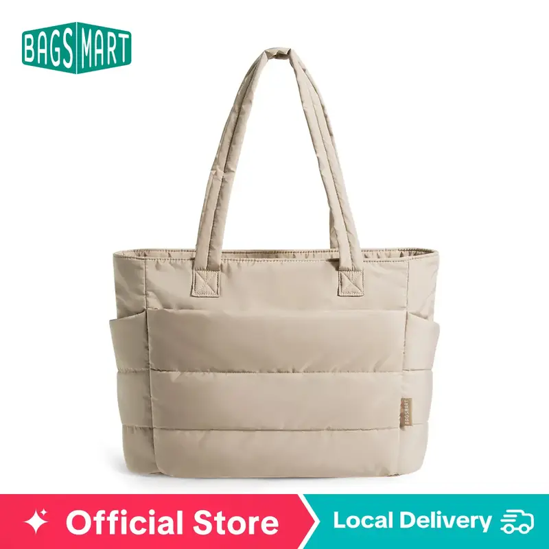 BAGSMART Puffy Bubble Tote Bag 3 Sizes for Women Quilted Laptop Shoulder Handbag, Lightweight Work Tote with Multiple Compart...