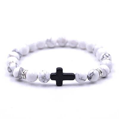 Natural Howlite Stretch Bracelet with Cross Beaded