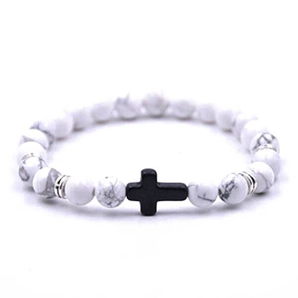 Natural Howlite Stretch Bracelet with Cross Beaded