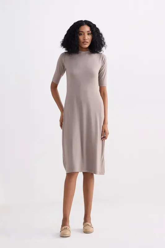 High Crew Neck Elbow Sleeves Fitted Dress in Dusty Brown | Color: Autumn Maple | Size: M