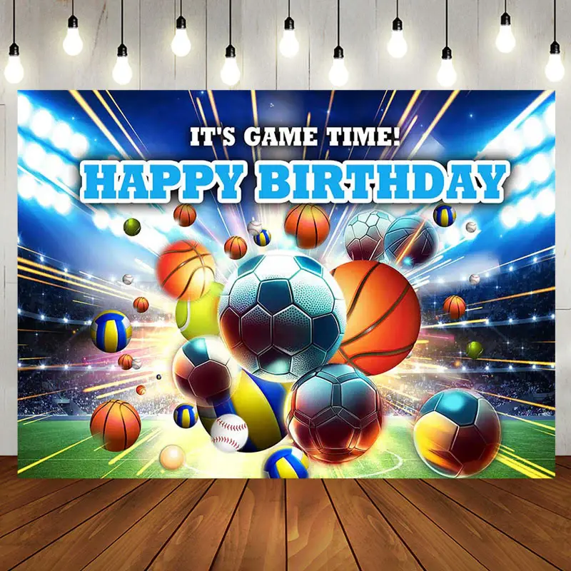 Various Flying Balls Green Field Birthday Backdrop - Aperturee
