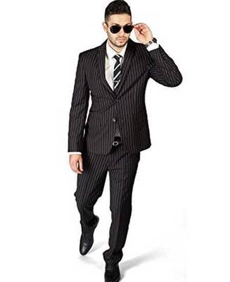 Men's Stripe ~ Skinny Style Black 2 Button Slim Fit Pinstripe Flat Front Pants