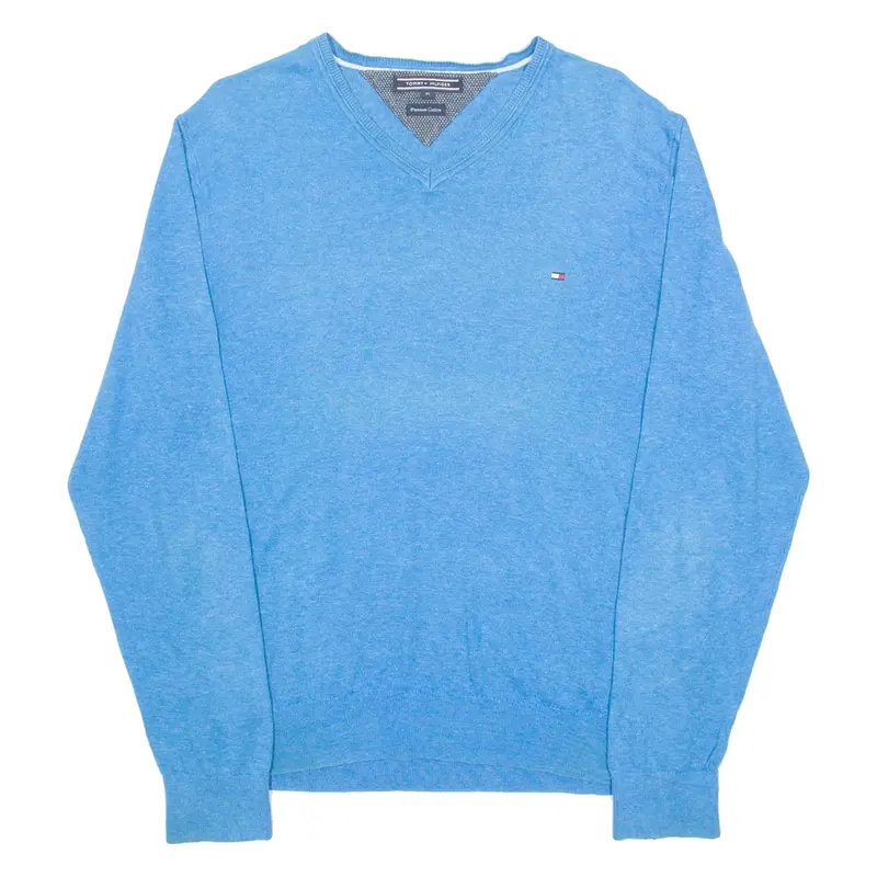 TOMMY HILFIGER Mens Jumper Blue V-Neck Tight Knit M