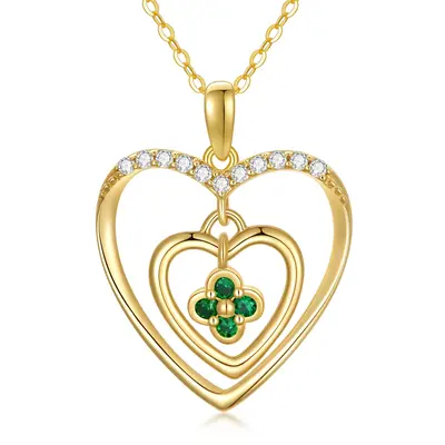 14K Gold Cubic Zirconia Four Leaf Clover & Heart Pendant Necklace