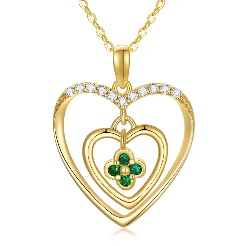 14K Gold Cubic Zirconia Four Leaf Clover & Heart Pendant Necklace