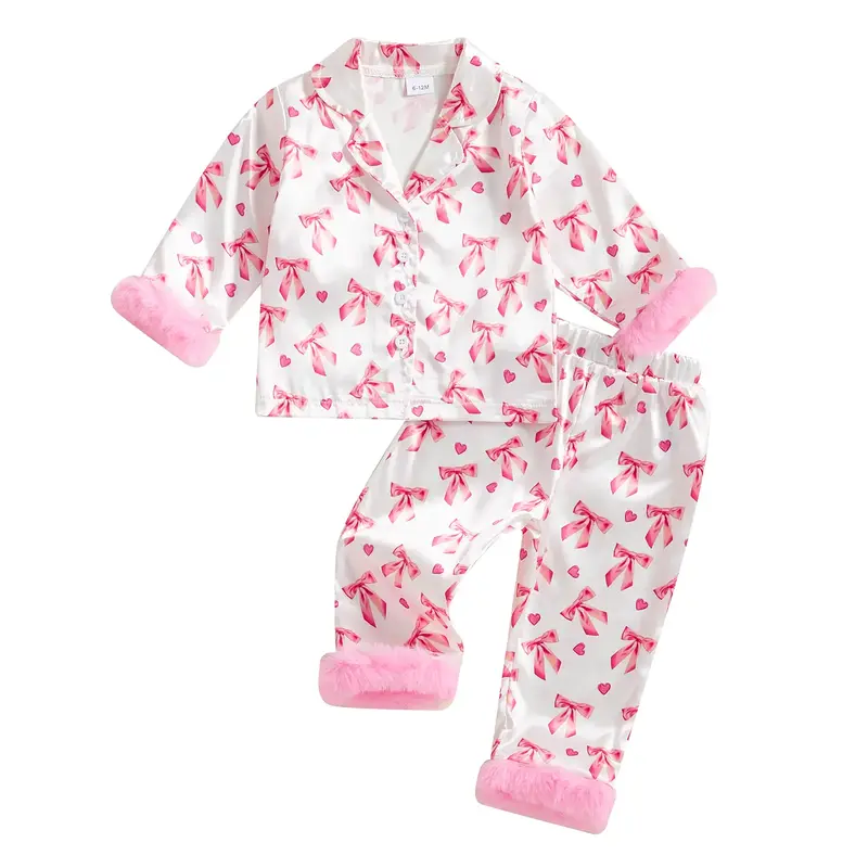 Toddler Baby Girl Valentine Satin Pajama Set Feather Trim Long Sleeve Button Shirt Top Bow Long Pants 2PC Pjs Sleepwear Loung...