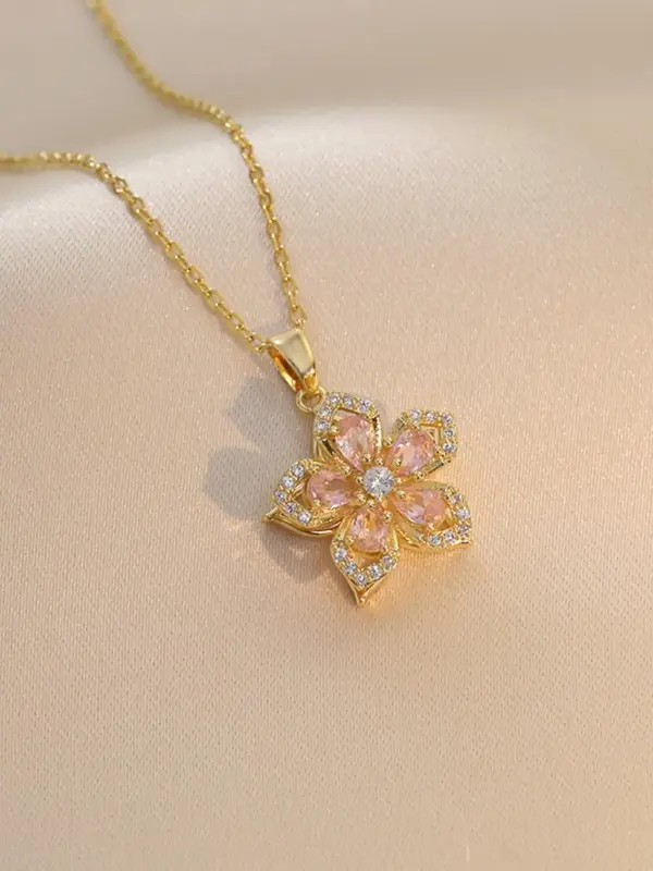360 Degree Rotatable Flower Design Pendant Necklace for Women, Artificial Gemstone Decor Necklace for Party, Daily Decor, Tre...