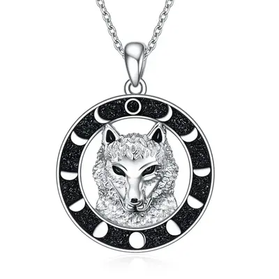 Sterling Silver Wolf & Moon Pendant Necklace
