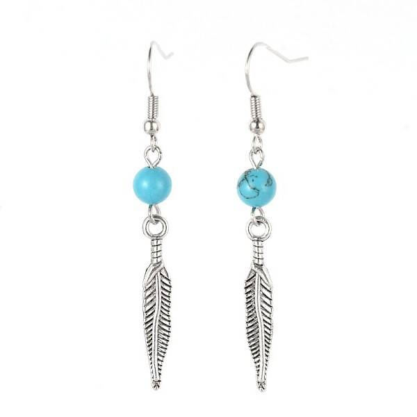 Feather Alloy Synthetic Turquoise Dangle Earrings