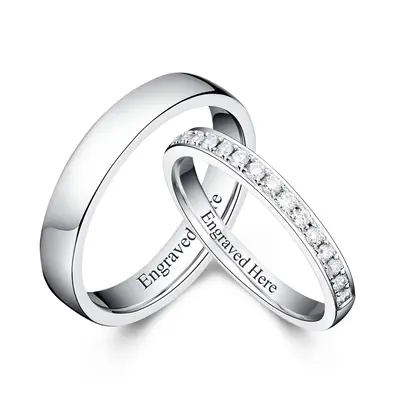 Sterling Silver Round Shaped Cubic Zirconia Personalized Engraving & Couple Engagement Ring