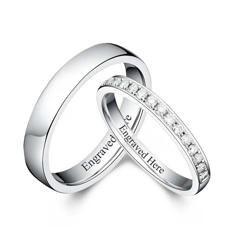 Sterling Silver Round Shaped Cubic Zirconia Personalized Engraving & Couple Engagement Ring