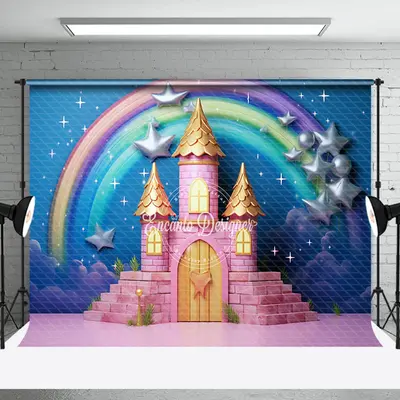Pink Castle Rainbow Birthday Cake Smash Backdrop - Aperturee