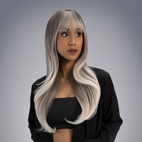 23-Inch Ash Platinum Blonde Ombre (Brown Roots) Wavy Synthetic Wig | 【Heat Resistant】【Cap Included】 |