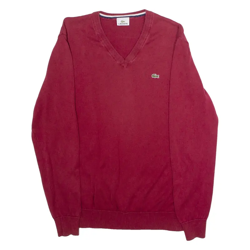 LACOSTE Mens Jumper Red V-Neck Tight Knit L