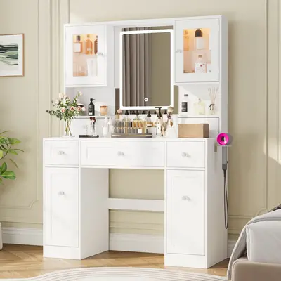 VOWNER Makeup Vanity with Mirror, 7 Drawers, 2 Glass Door Cabinets, RGB Light & 10 Adjustable Lighting, White for Bedroom Use...