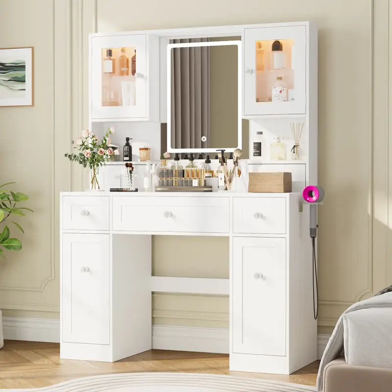 VOWNER Makeup Vanity with Mirror, 7 Drawers, 2 Glass Door Cabinets, RGB Light & 10 Adjustable Lighting, White for Bedroom Use...