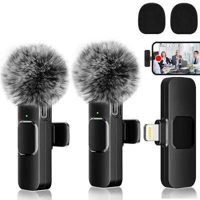 2pcs Lavalier Wireless Microphone for iPhone iPad, Wireless Lapel Microphone with Clear Audio for Recording, Wireless Microph...