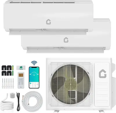 Garvee 20000 BTU OTD Dual Zone WIFI Mini Split AC Heating System, 20 SEER2, 2 Zone 9000+12000 BTU, Ductless, Pre-Charged Cond...