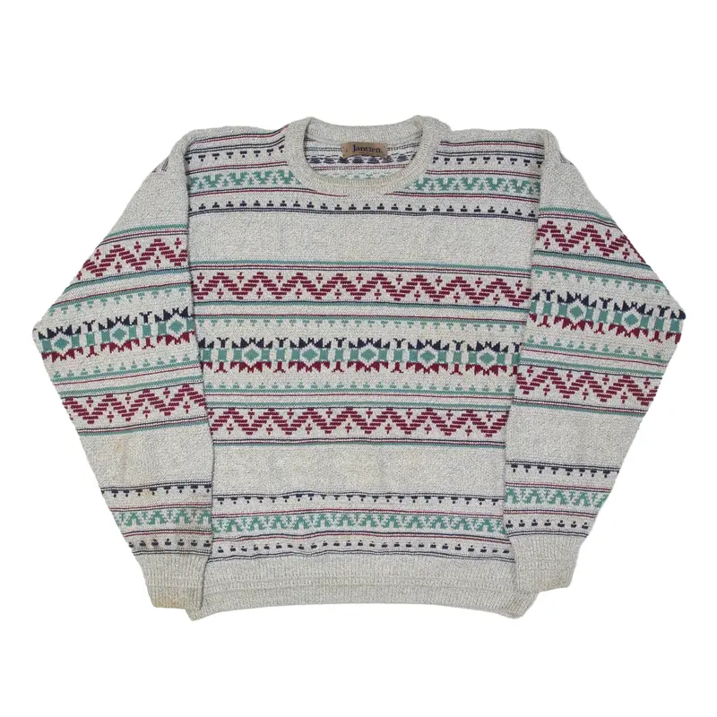 JANTZEN Jumper Grey 90s Fair Isle Chunky Knit Mens L