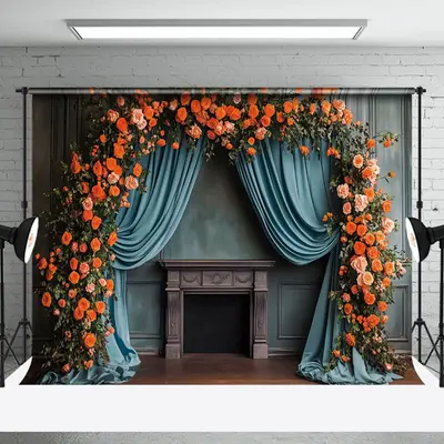 Aperturee Retro Blue Curtain Plant Floral Wedding Backdrop, 3X2FT(1MX0.6M), 14 USD, wedding backdrops, NYHD1J26-M
