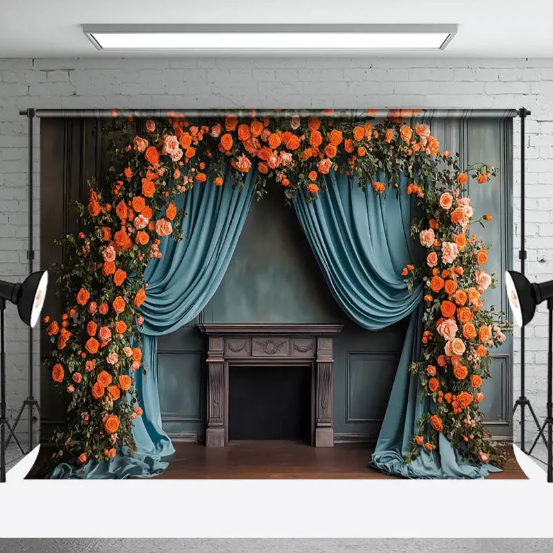 Aperturee Retro Blue Curtain Plant Floral Wedding Backdrop, 3X2FT(1MX0.6M), 14 USD, wedding backdrops, NYHD1J26-M
