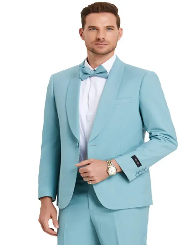 Aqua Blue Men's Wedding Suit - One Button Shawl Lapel Dinner Jacket