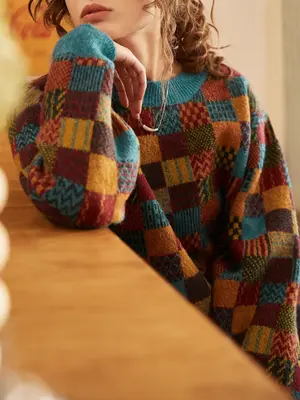 Women's Patchwork Print Drop Shoulder Sweater, Casual Long Sleeve Round Neck Jumper for Daily Outdoor Wear, Women Knitwear fo...