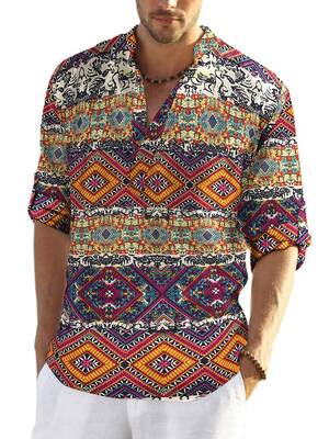 Cotton Linen Floral Henley Shirt (US Only), Folk / XL