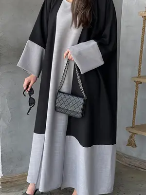 Women's Colorblock Patchwork Abaya & Tank Dress Set, Elegant Long Sleeve Abaya & Round Neck Dress, Arabic Clothing for Daily ...