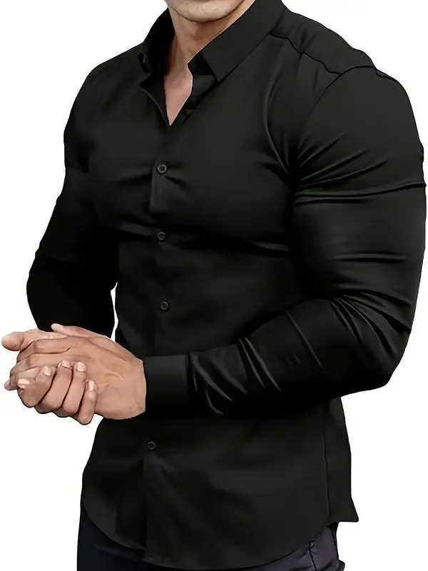 Men's Solid Button Front Shirt, Classic Casual Fashion Long Sleeve Collared Top for Daily Wear, Men's Clothes for All Seasons...