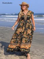 【plus Size】 Floral Print V Neck Maxi Dress, Boho Fashion Casual Short Sleeve Dress for Daily Holiday Vacation Wear, Bohem...