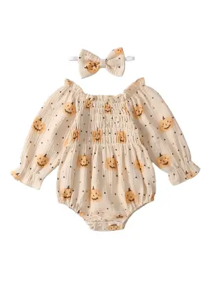 Baby Girls Strapless Beige Romper Long Sleeve Outfit