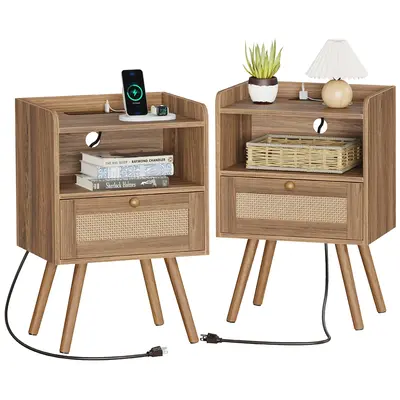 SUPERJARE Nightstands Set of 2, Night Stands with Charging Station & PE Rattan Decor Drawer, Bed Side Tables with Solid Wood ...