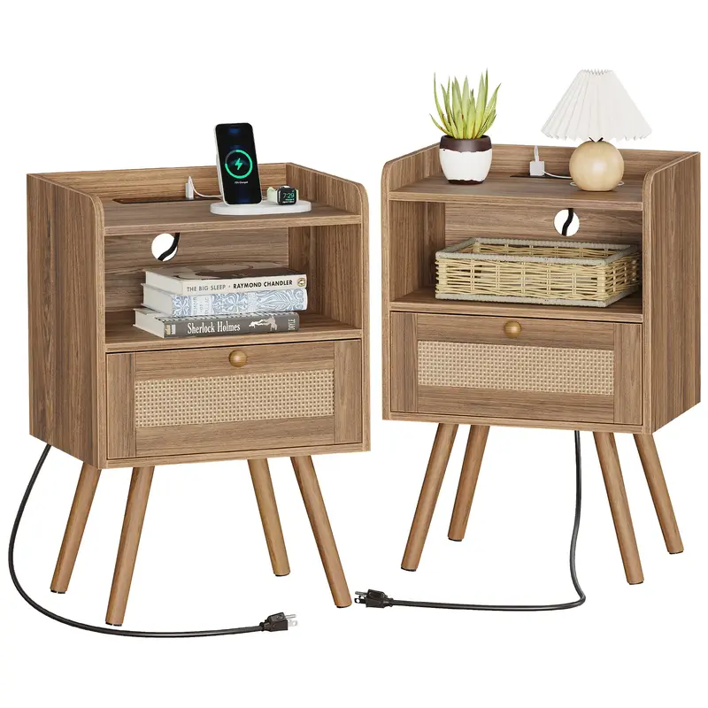 SUPERJARE Nightstands Set of 2, Night Stands with Charging Station & PE Rattan Decor Drawer, Bed Side Tables with Solid Wood ...