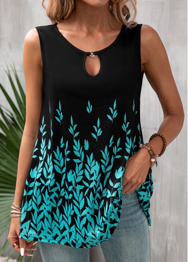Modlily Black Cut Out Leaf Print Tank Top - M